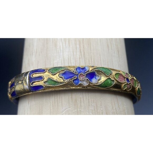 Vintage Cloisonné Bangle Bracelet Blue Gold Floral Motif Enamel Hinged 7"x1/3"w - Picture 8 of 15